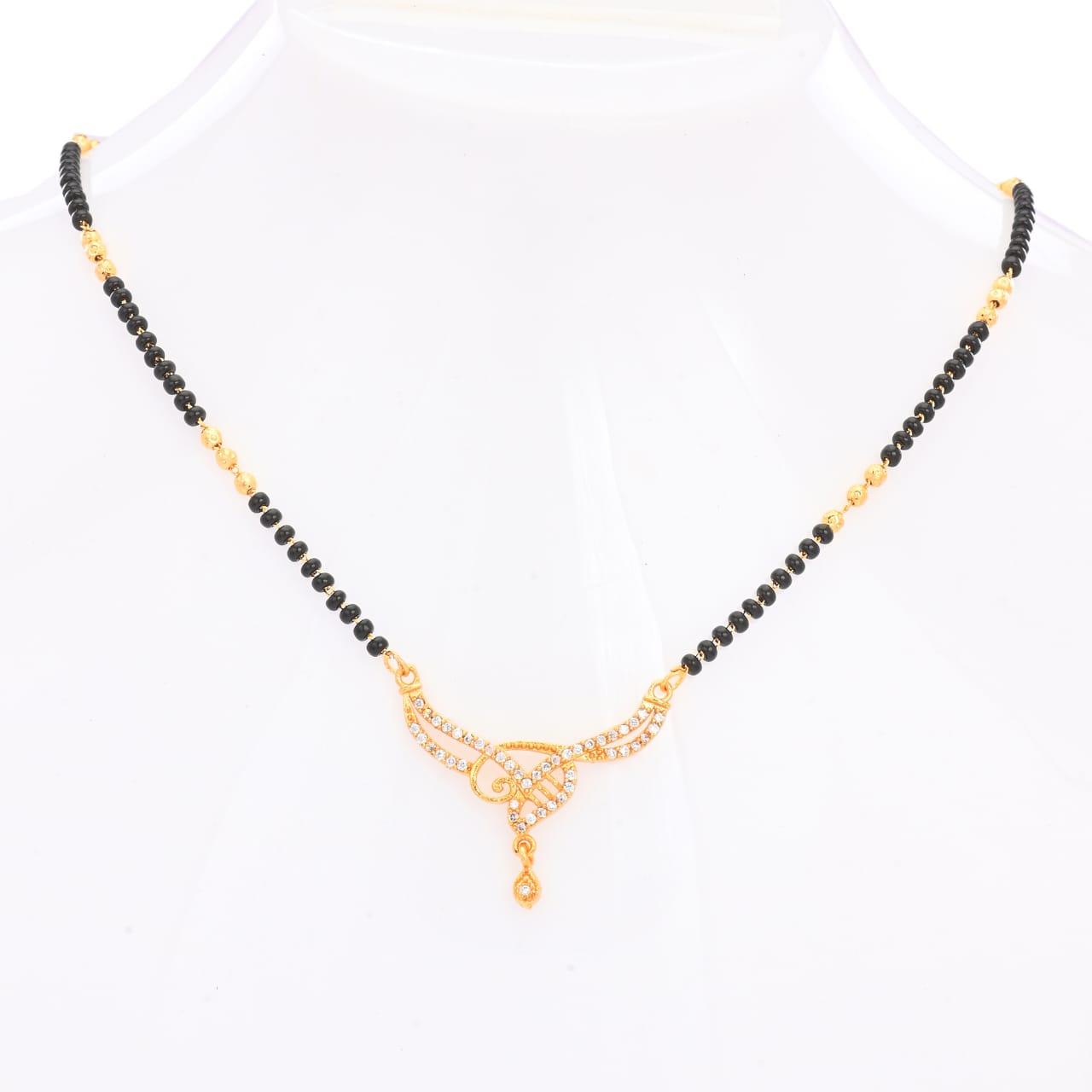 Gold Finish Black Beaded Mangalsutra with Elegant Curved Stone Pendant