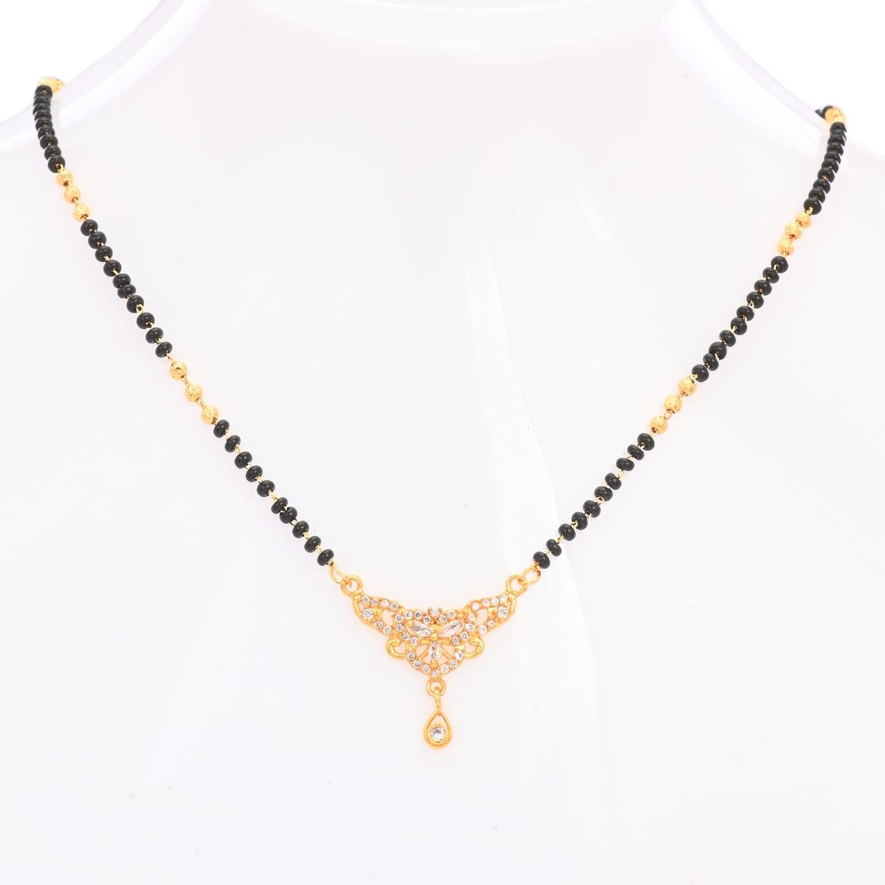 Gold Finish Black Beaded Mangalsutra with Floral Stone Pendant