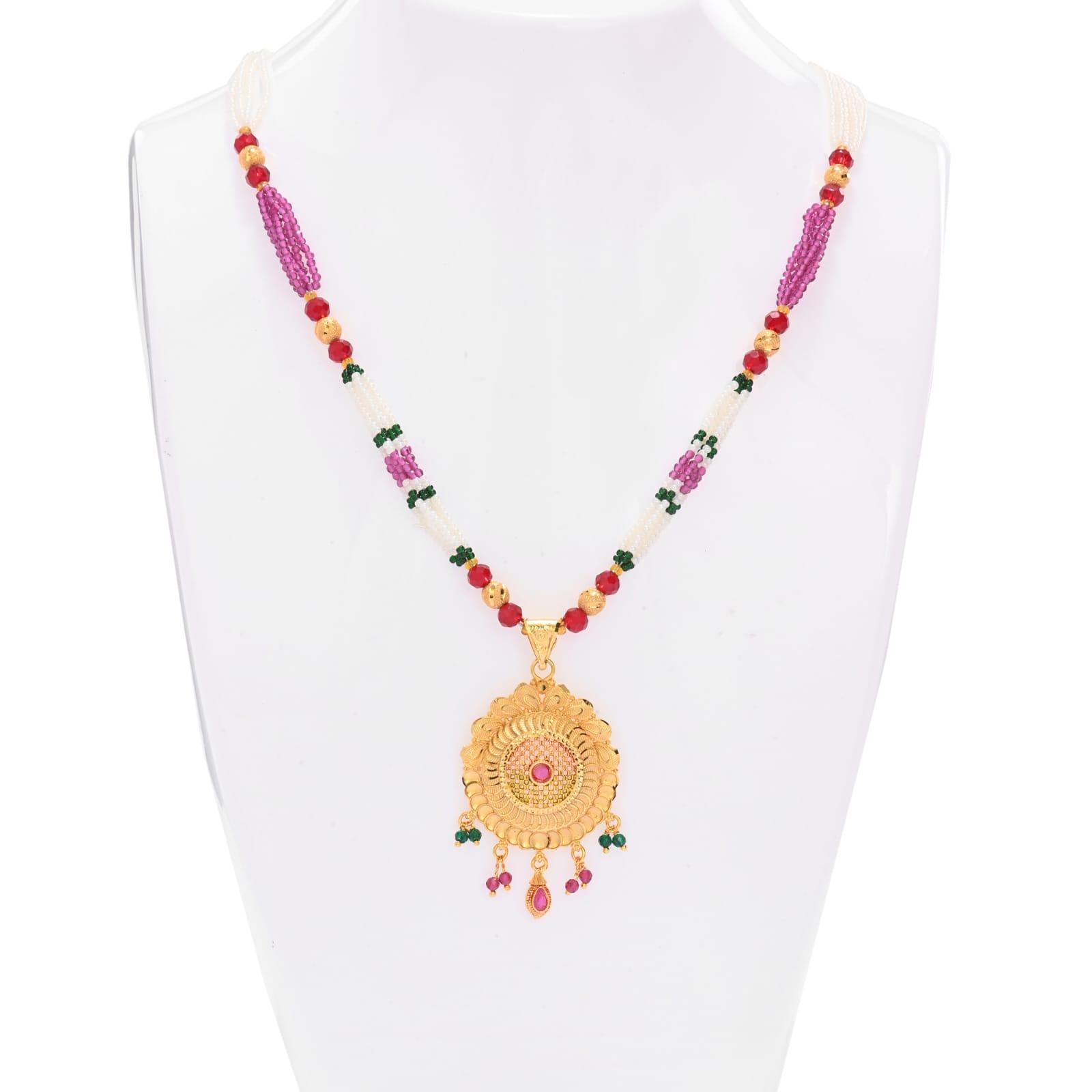 Traditional Gold-Tone Pearl & Pink Stone Necklace Set