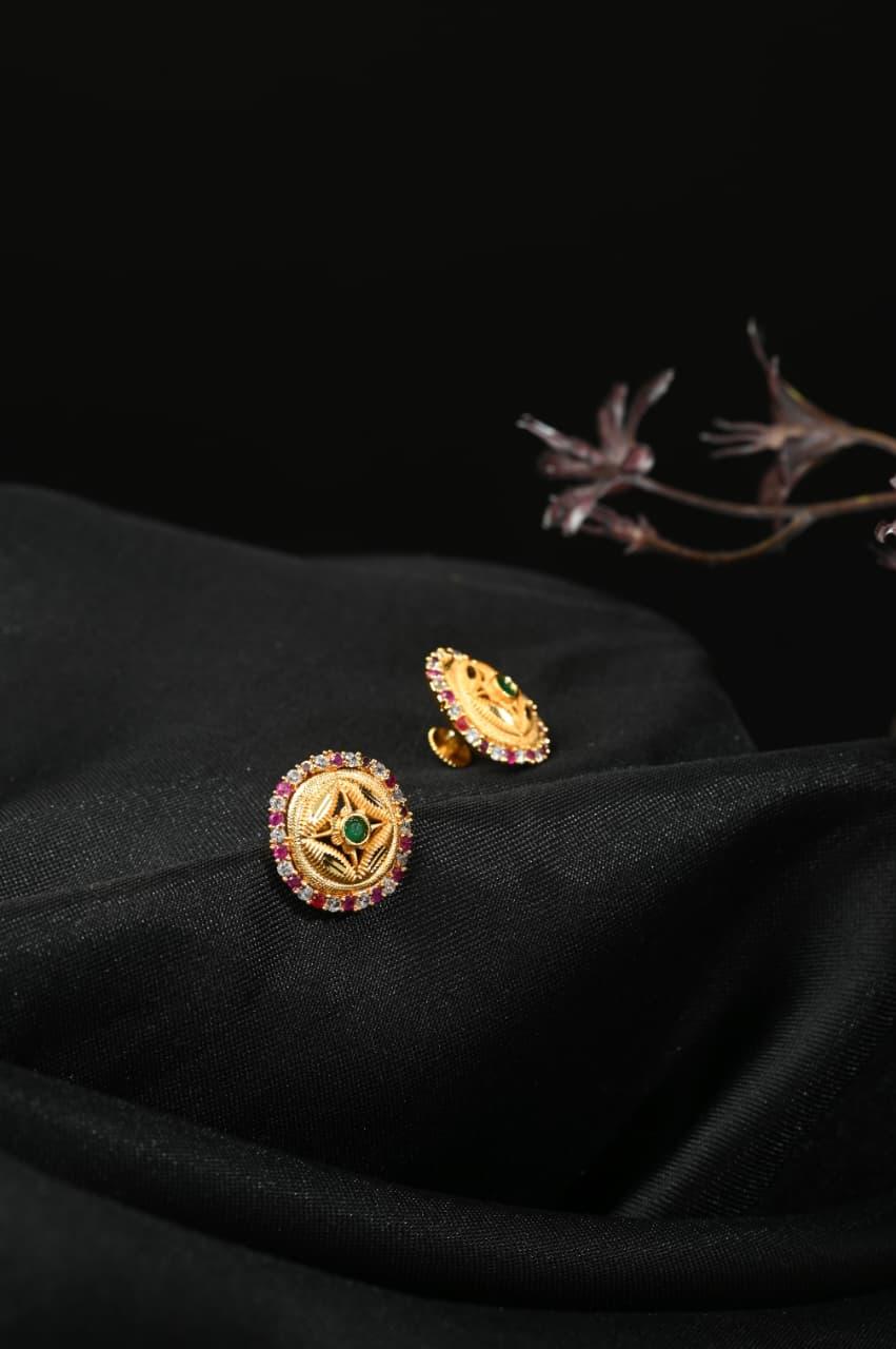 Gold-Tone Round Green Stone Stud Earrings